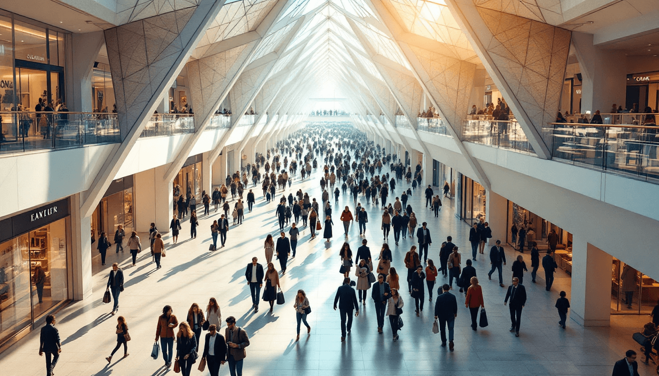 AI generated: A crowded shopping mall with sharp geometric lines anchors the scene. The composition balances archi...