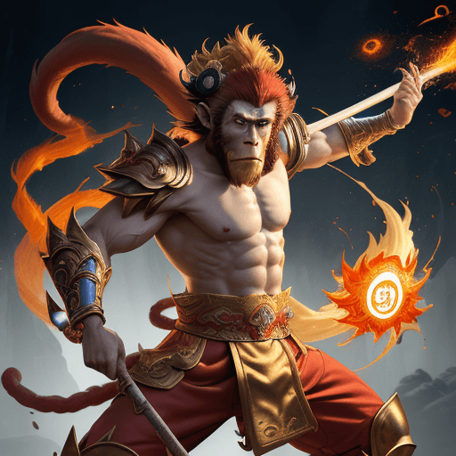 AI generated: masterpiece, concept art, mid shot, dynamic pose, centered, splash art, Sun wukong, (anthropomorphis...