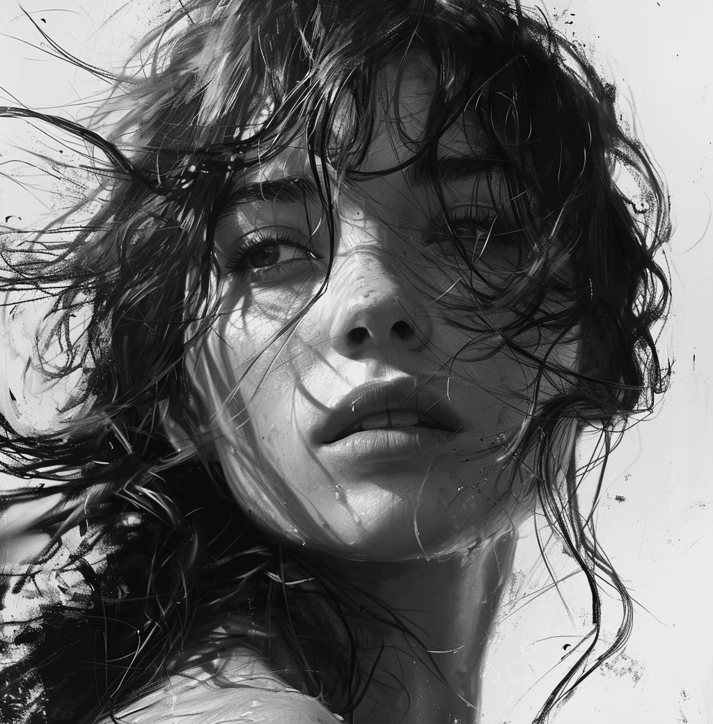 AI generated: a drawing with a girl with long hair covering her face, in the style of oliver wetter, paul hedley, ...
