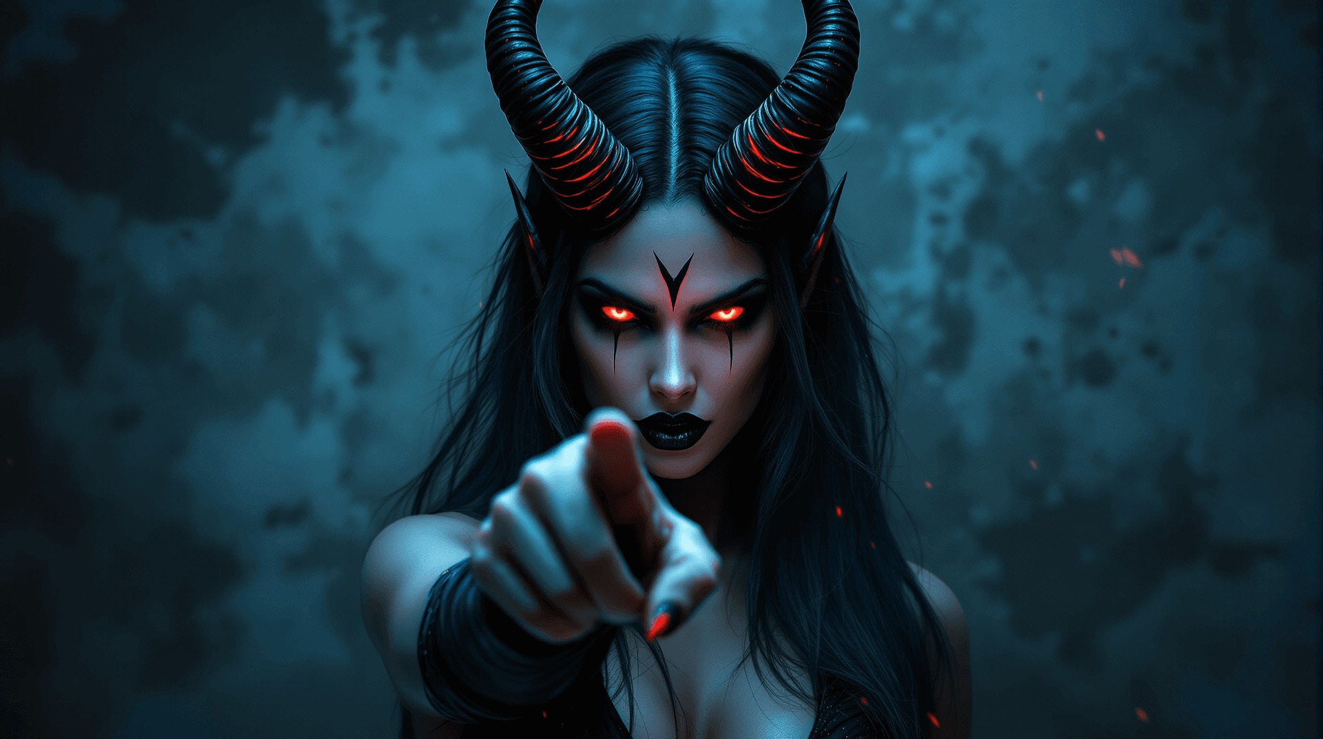 AI generated: A seductive female demon in a dramatic portrait. Her face has sharp features with glowing red eyes a...