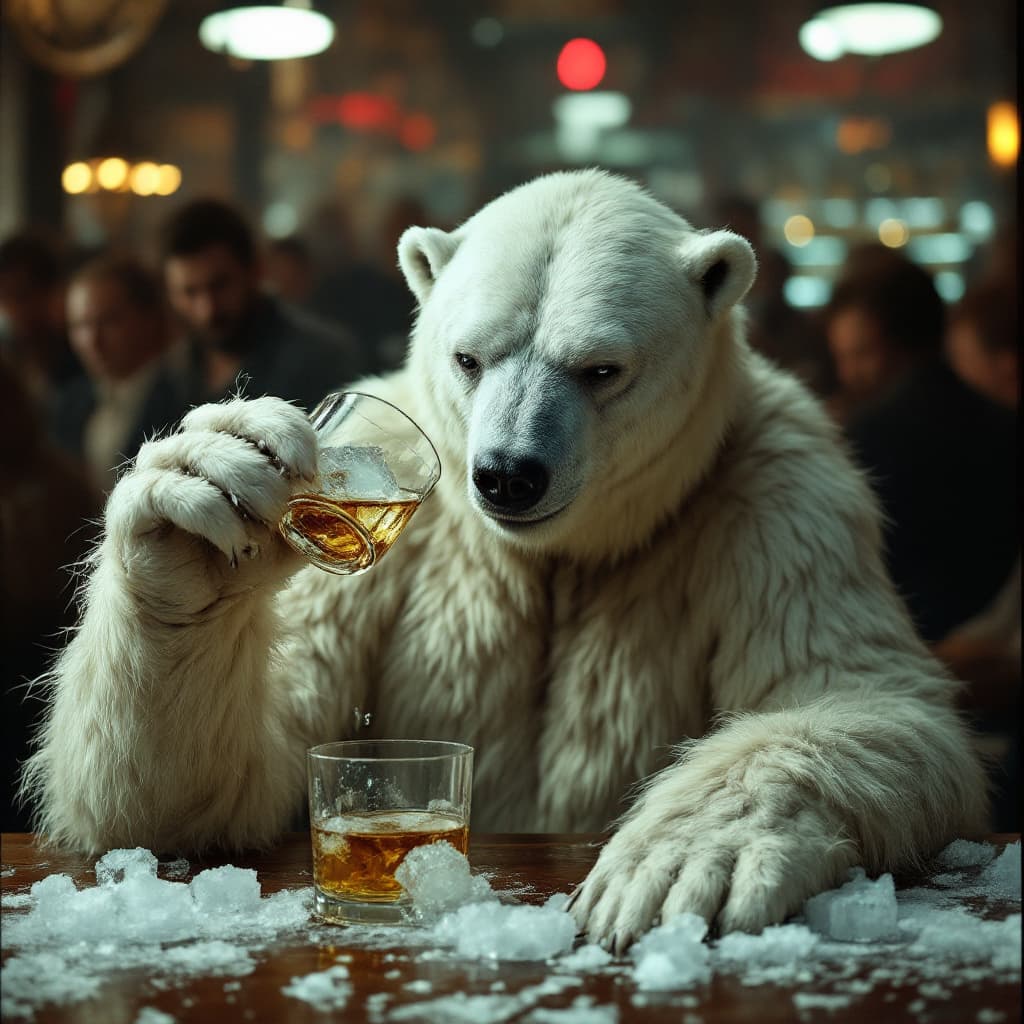 AI generated: full body shot of a drunk, very skinny sick famine polar bear drinking a scotch with a cube of melti...