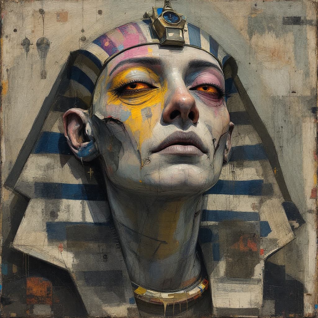 AI generated: Mixed media artwork + Emotional Sphinx + age lesions as a storytelling element + In the style of sur...