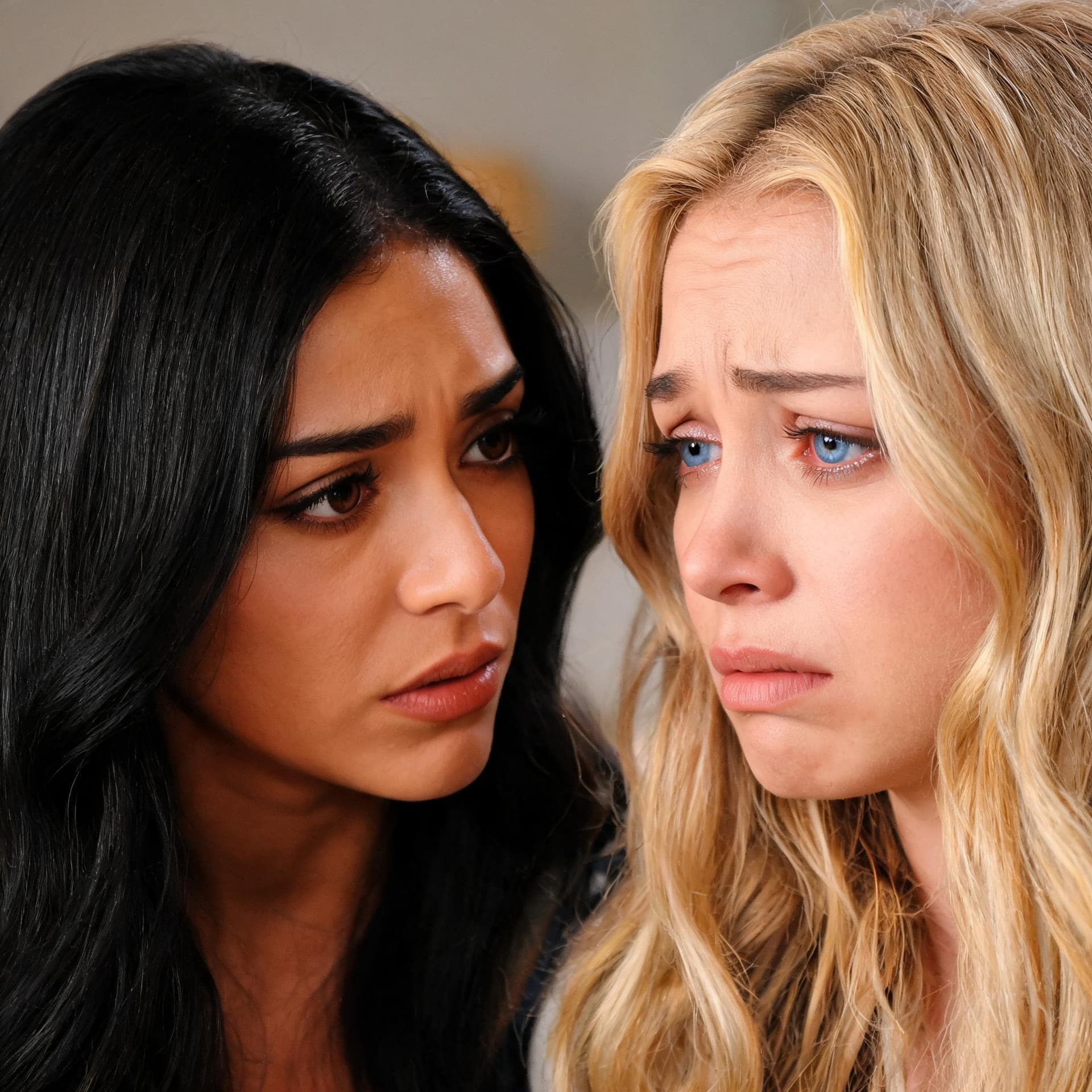 AI generated: a mexican raven haired beauty brown eyes looking at an american blue eyes natural blonde wjats wrong...