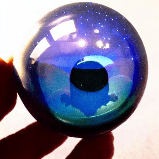 AI generated: an alien made of crystal::2 big shiny black eyes, soulful eyes::planet in the background