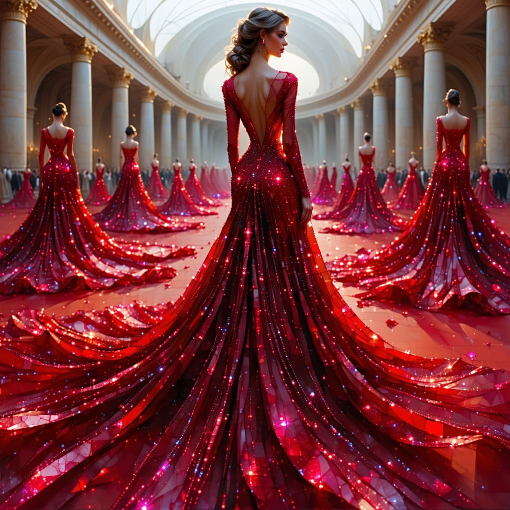 AI generated: magnifique femme en robe rouge faite de rubis et de diamants étincelants avec des détails complexes,...