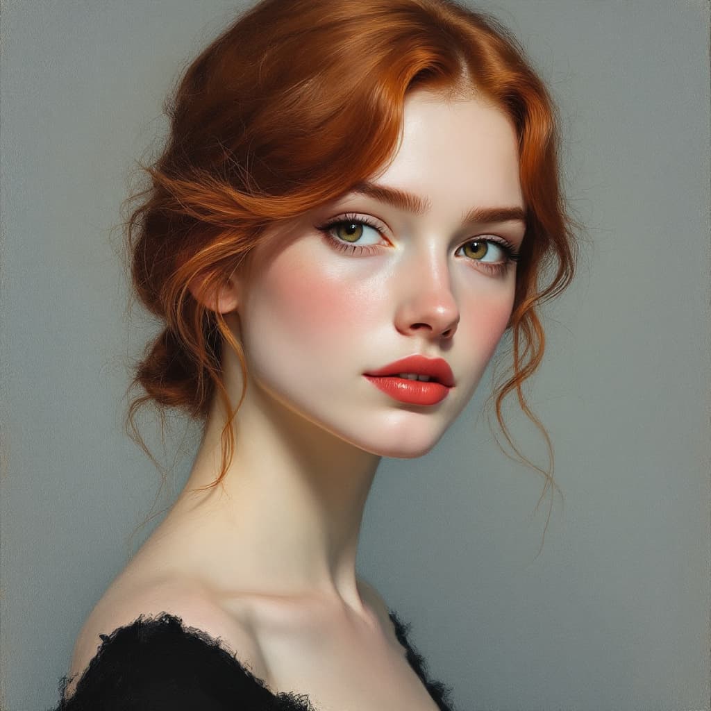 AI generated: Portrait of a woman, early 20s, fair skin, long red hair styled in soft waves, framing her face. Her...