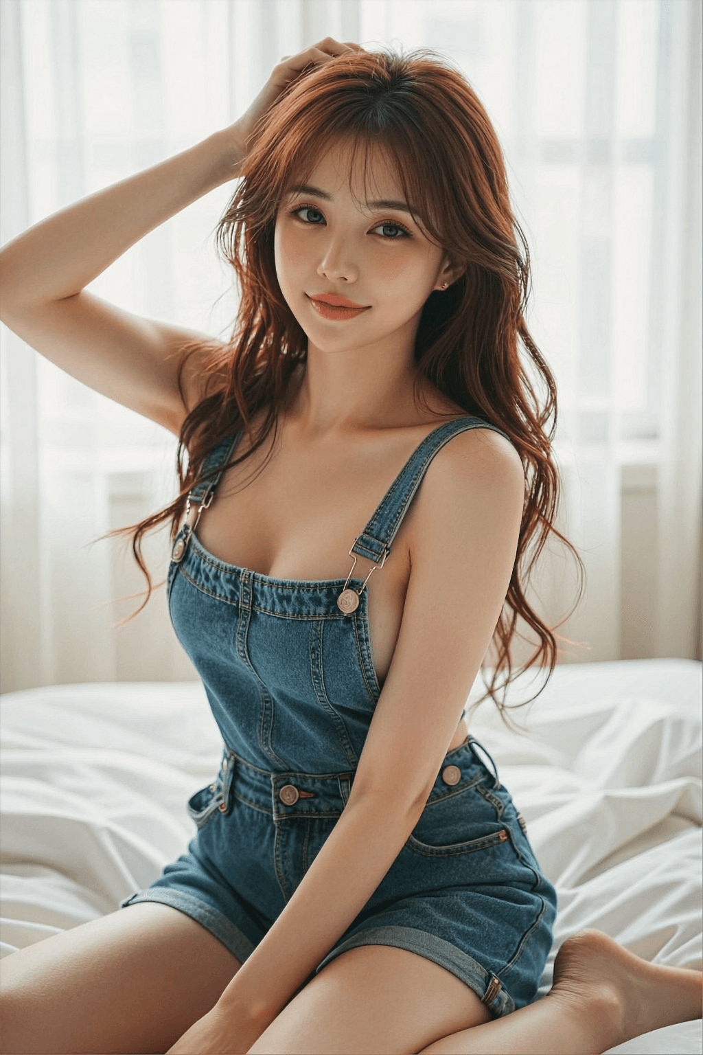 AI generated: A high-quality photorealistic indoor portrait of a beautiful young Asian woman with long wavy chestn...