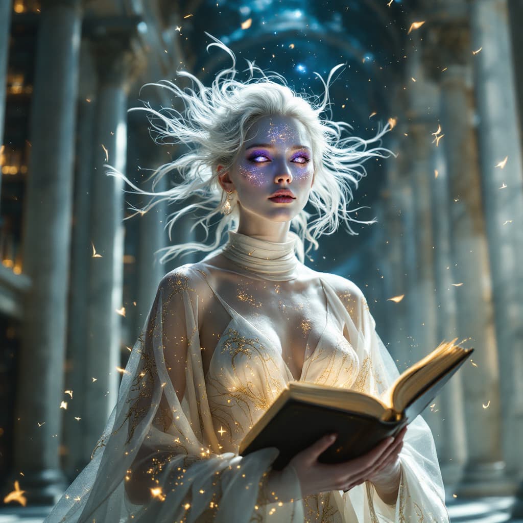AI generated: Ultra-photorealistic cinematic portrait of Tilda Swinton reimagined as Seraphiel, the Angel of Memor...