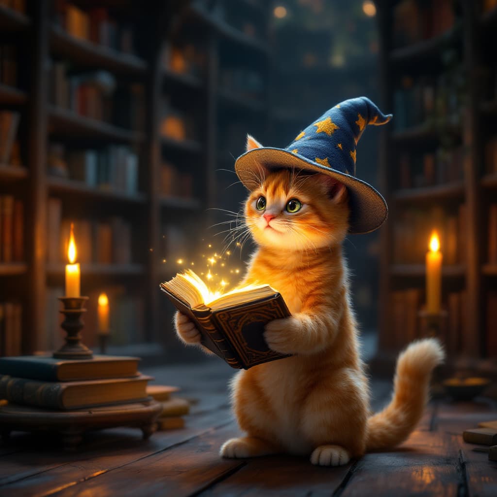 AI generated: A mischievous orange cat wearing a tiny wizard hat, holding a glowing spell book, casting a spell in...
