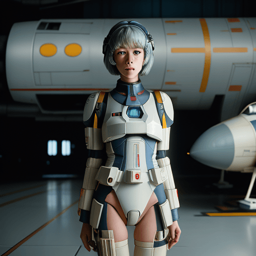 AI generated: Rei Ayanami in Star Wars pilot uniform, preparing for takeoff in a hangar, cinematic lighting, anime...