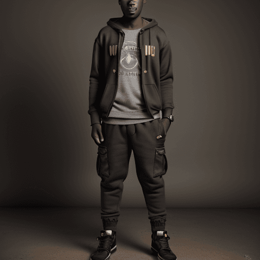 AI generated: capturing a african , man looking [winky d] wearing steam punk hoodie, matte black, dark grey cargo ...
