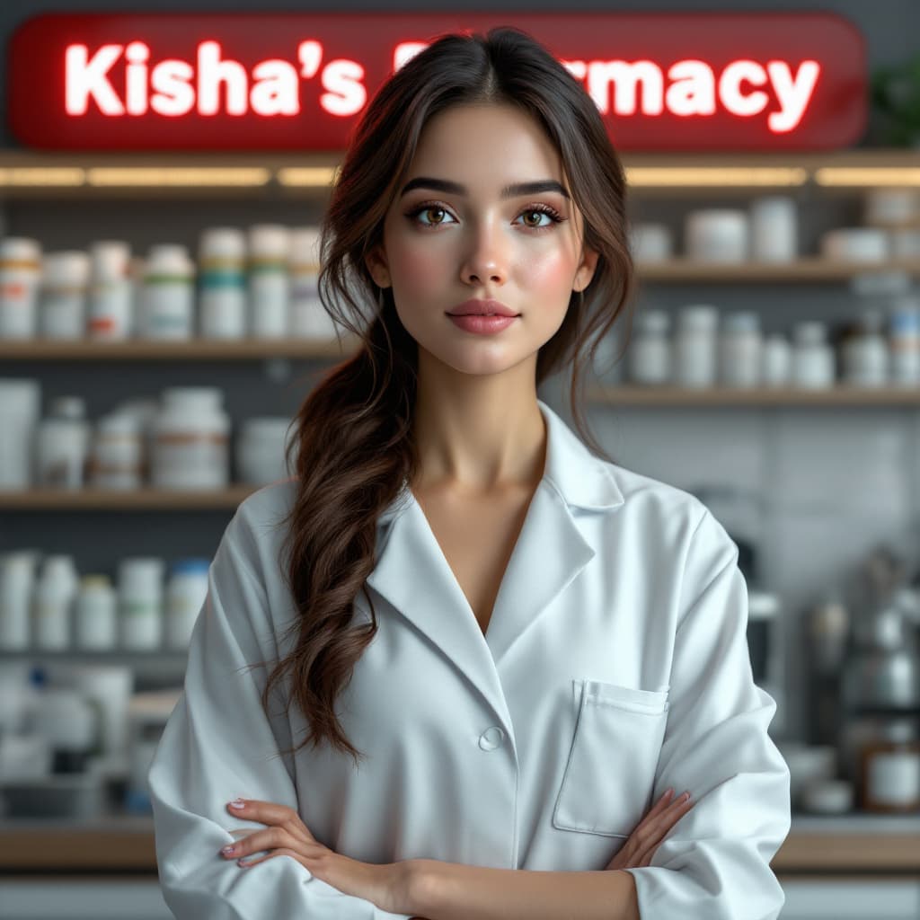 AI generated: Young, beautiful, Latina female with brown hair, wearing a pharmacist lab coat, standing in front of...