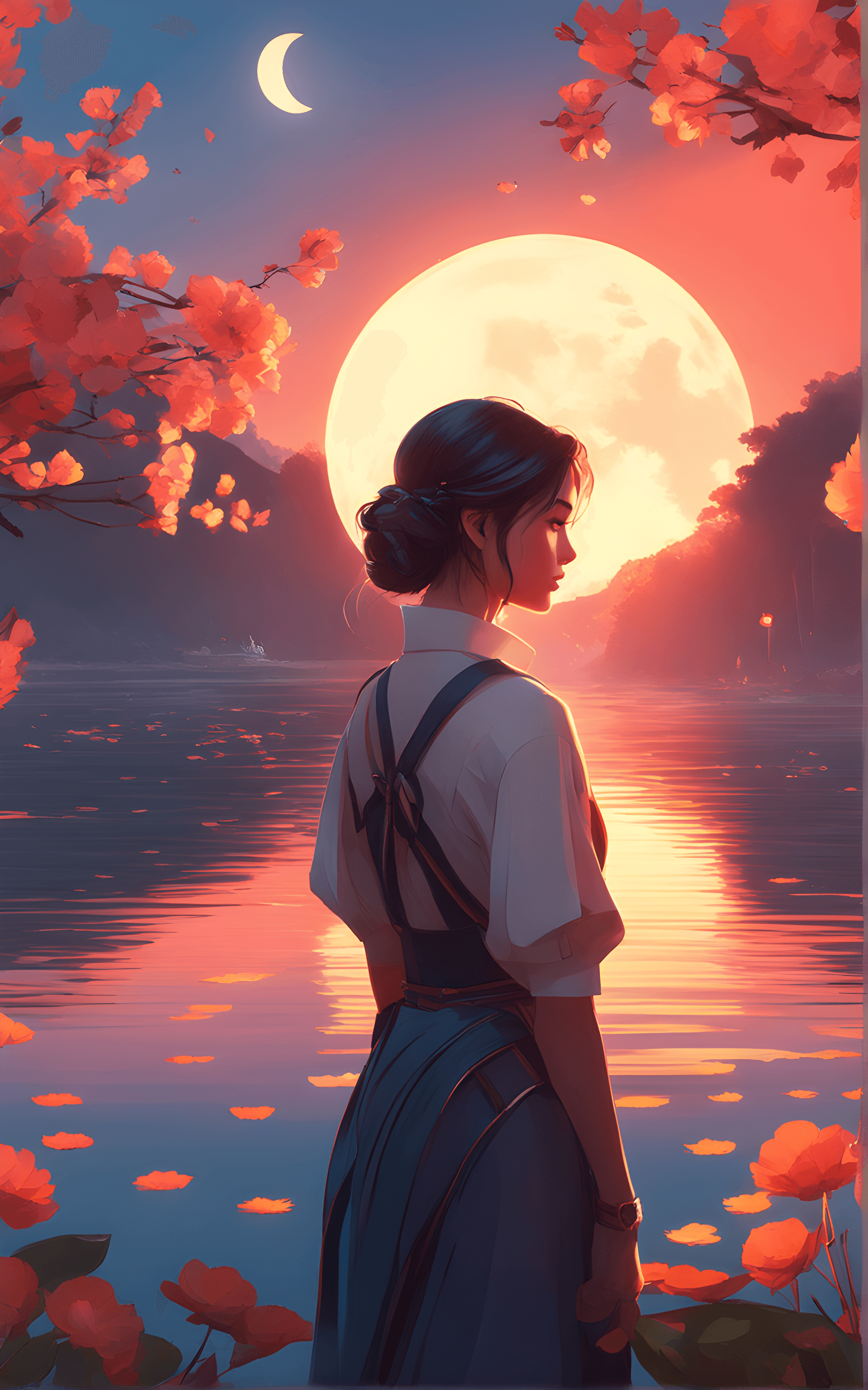 AI generated: a girl, candle, illuminated flowers, windy, lake, moon, look at camera, prefect face, half body, unr...