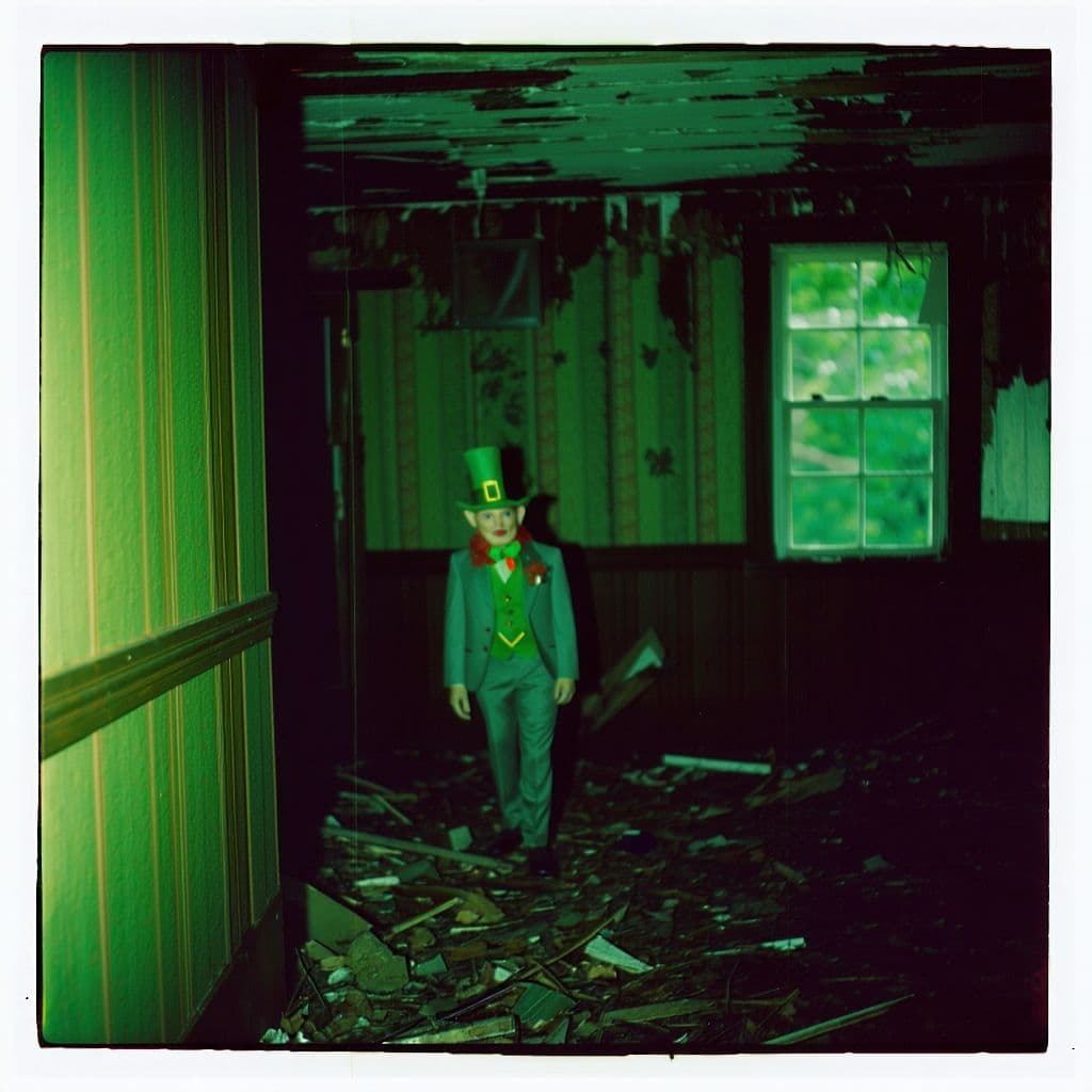 AI generated: grainy 80's photograph quality polaroid of a leprechaun caught in an abandoned house, dark, uncanny,...