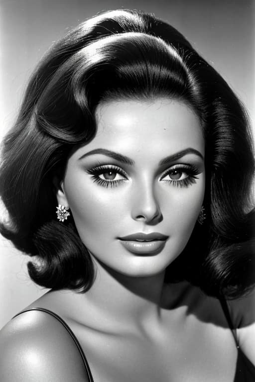 AI generated: A  close-up portrait of classic 50's glamour model, Iconic black and white Style, most glamorous, vo...