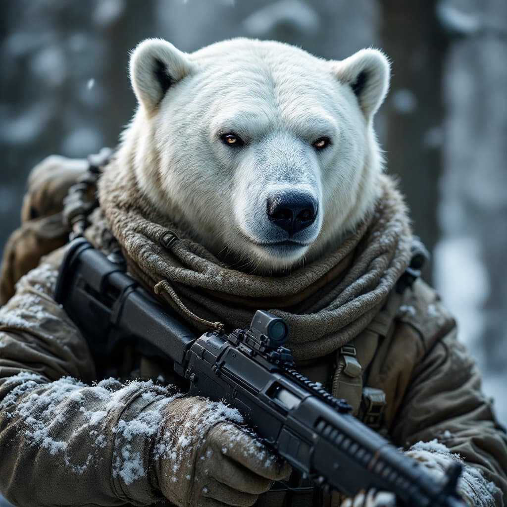 AI generated: Courageous polar bear in full winter military uniform, holding a carbine rifle, anthropomorphic, sup...