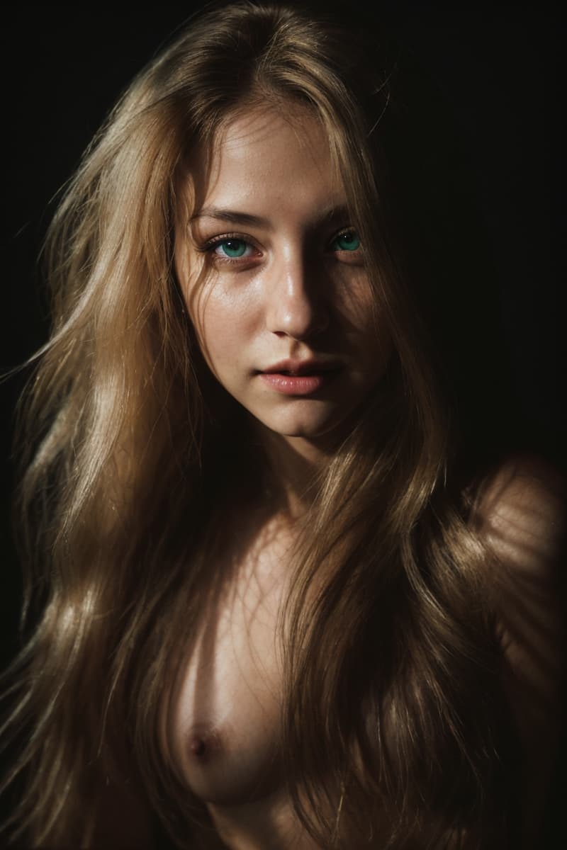 AI generated: Portrait of a young (shyly:0.8) (smiling:0.8) nude woman with flowing long (messy:1.1) blonde hair t...