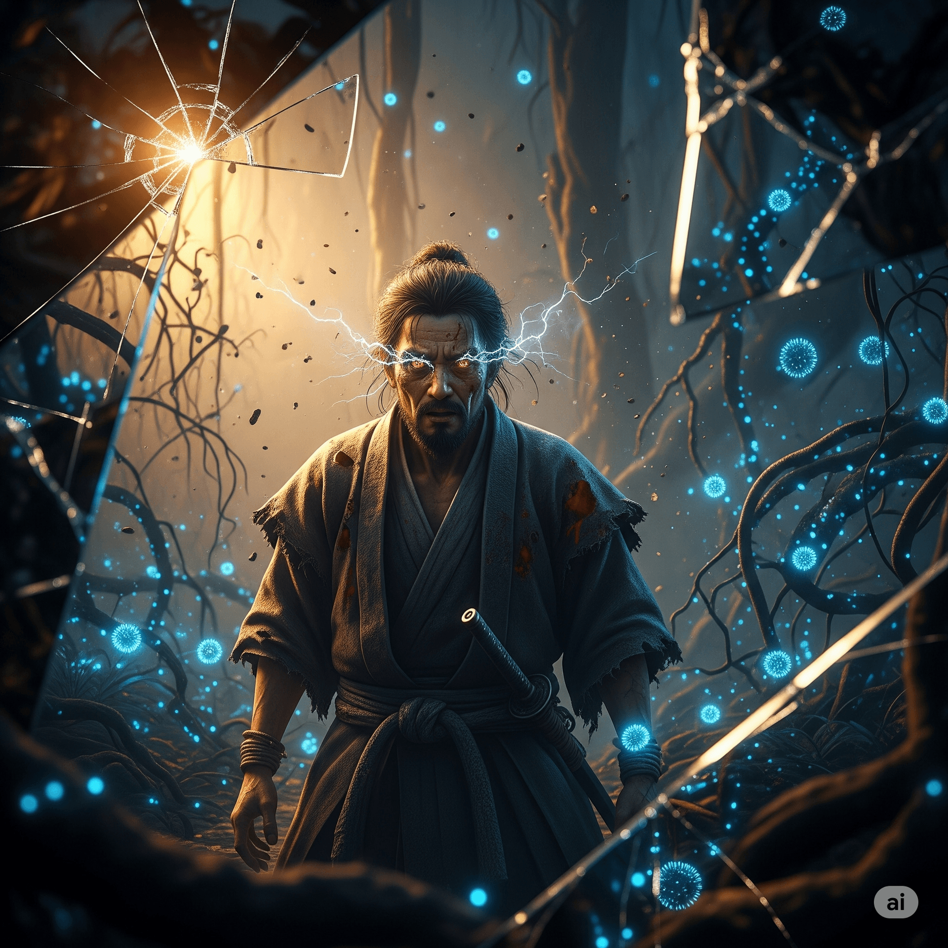 AI generated: A transcendent off-center portrait of a wandering samurai with tattered robes and storm in his eyes ...