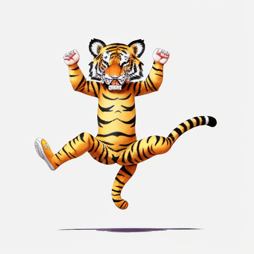 AI generated: color pencil drawing, colorful cartoon characters, a cute tiger baby with jumping posture, simple li...