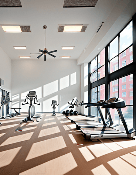 AI generated: High resolution interior design photography, of a gym inside a building with apartments around it fi...
