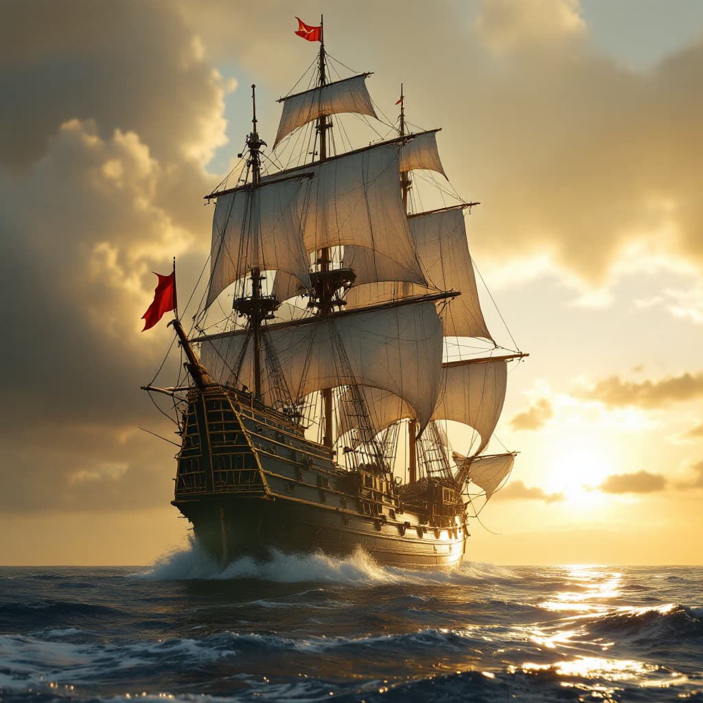 AI generated: Photo of a ultra realistic sailing ship, dramatic light, pale sunrise, cinematic lighting, battered,...