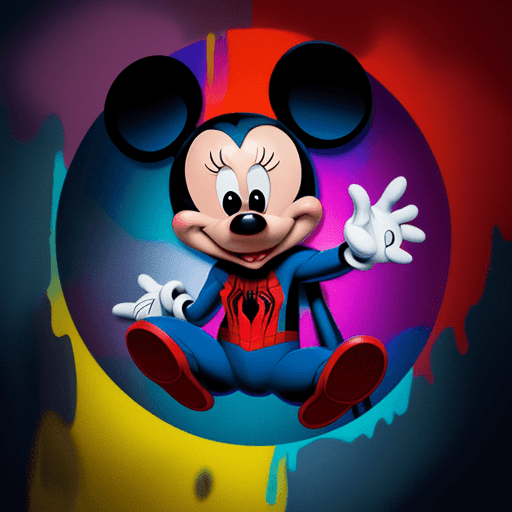 AI generated: Mickey Mouse as a spiderman, multiverse esthetic, with brilliant and saturated, colors, 
