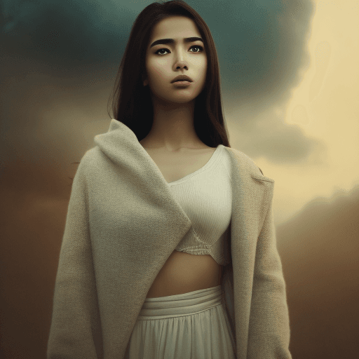 AI generated: Arab Girl with Asian eyes, viewed from roof, hyper realistic, cinematic lighting, very high detailed...