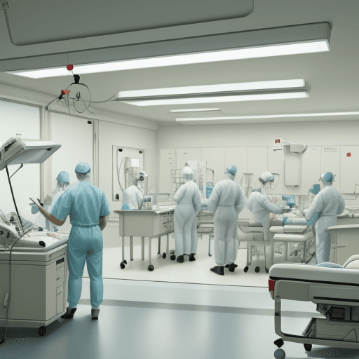 AI generated: hospital operating room, surgeons collaborating, gouache illustration --d  --v 3