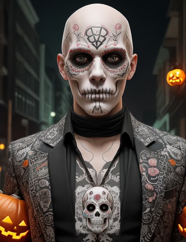AI generated: high detail, colorful, sugar skull man, white thin bald man, hitman style, night atmosphere at Hallo...