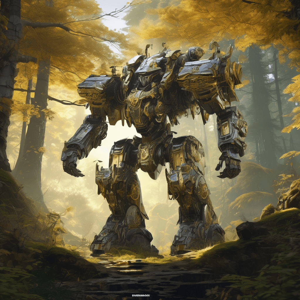 AI generated: large walking mech covered in gold and silver armor with elden ring and warhammer 40k and horizon ze...
