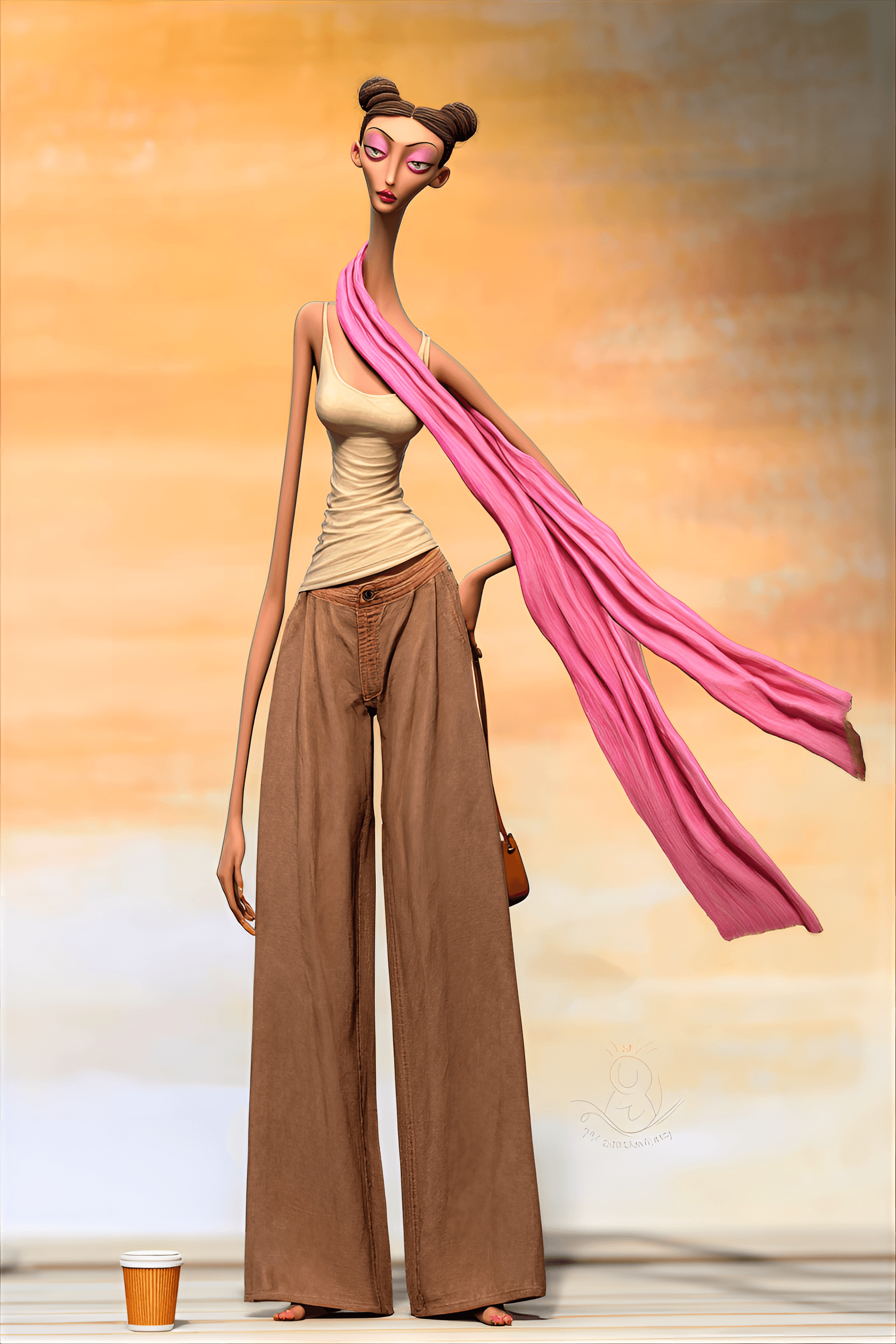 AI generated: funny caricature, eccentric fashion model, caucasian ethnicity, 23 years old, dramatic, flexible, un...