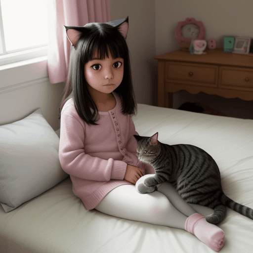 AI generated: a young girl in a cozy room sits on a bed with a cat