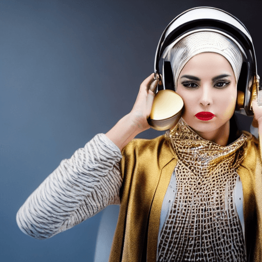 AI generated: a woman wearing a futuristic gold hijab and gold jacket with the futuristic headphones is in gold co...