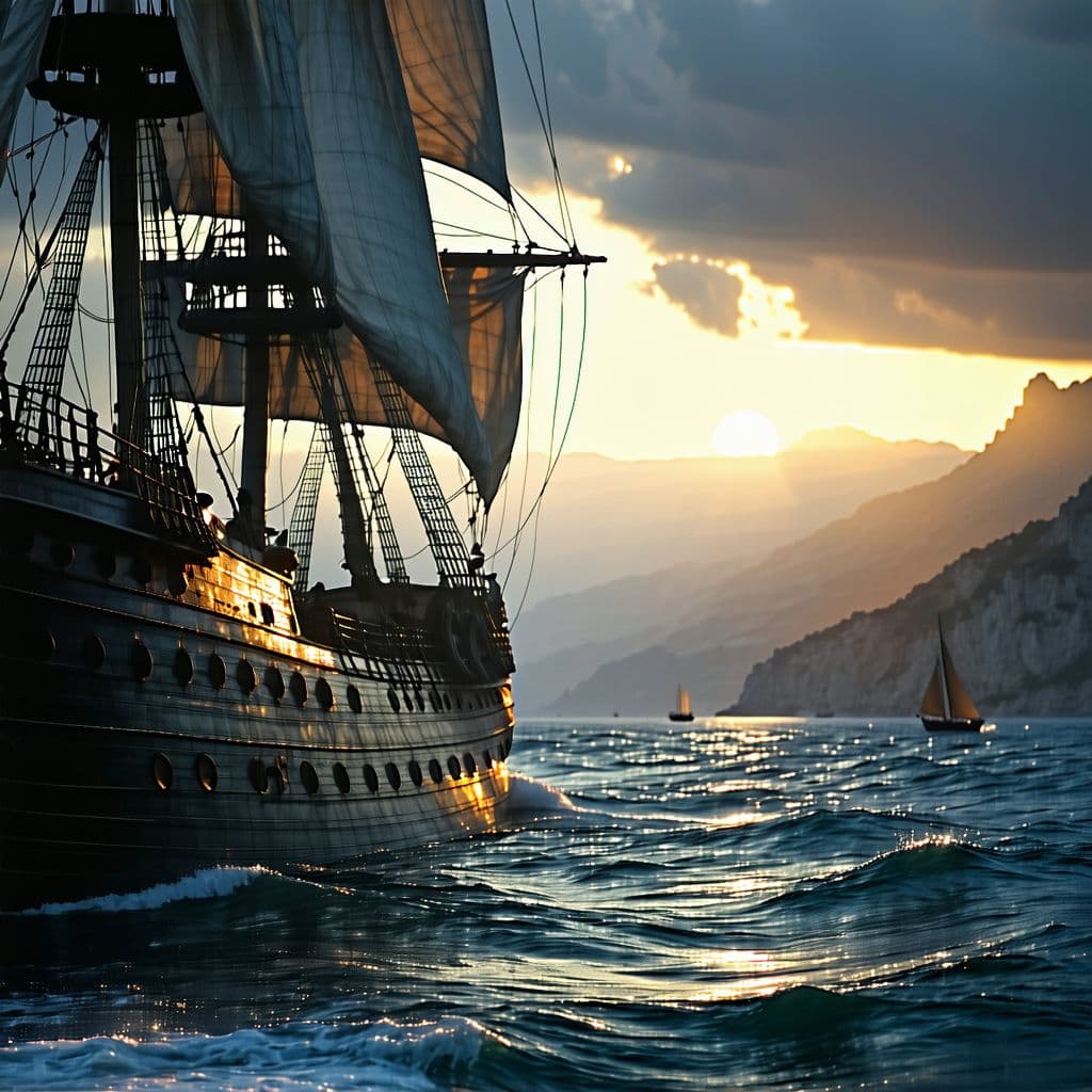 AI generated: Photo of a ultra realistic sailing ship, dramatic light, pale sunrise, cinematic lighting, battered,...