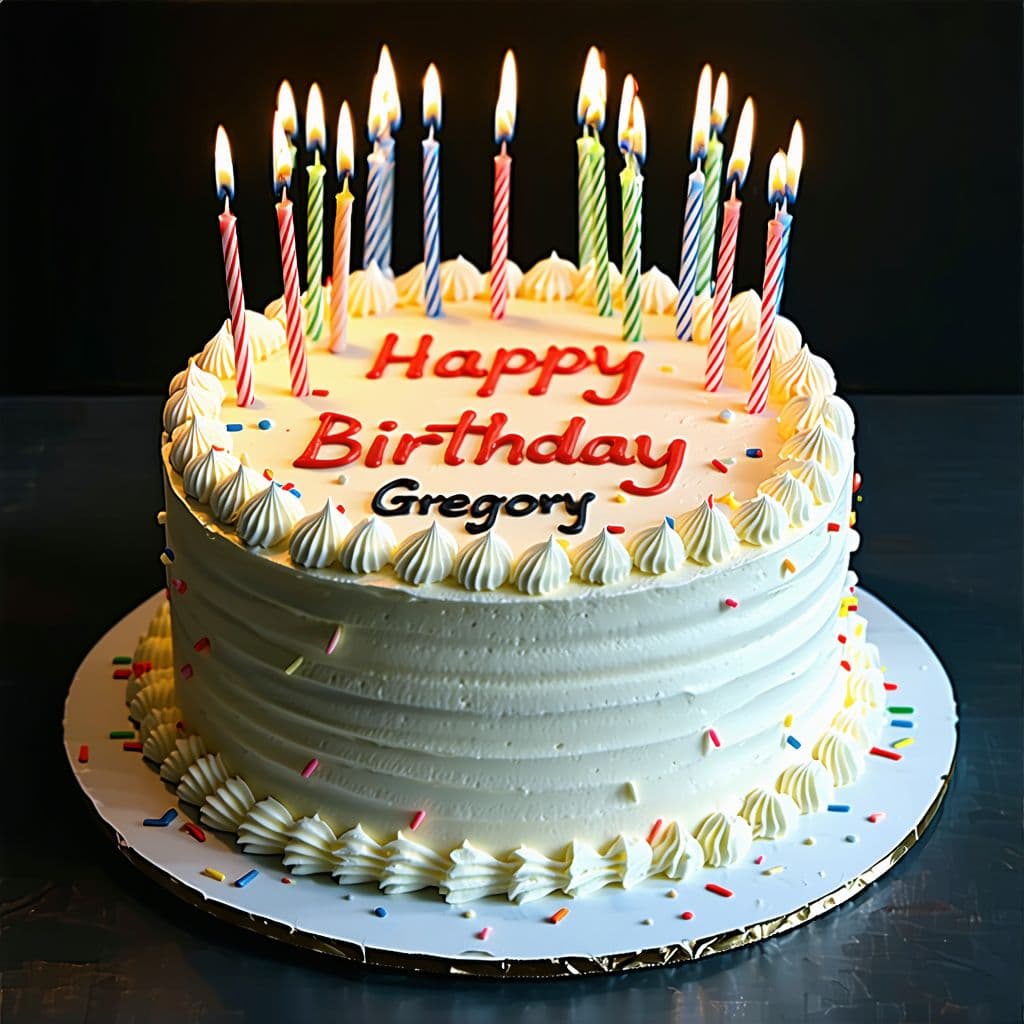 AI generated: hyper realism, high detail, cake, that says happy birthday Gregory on the icing, whole cake, 42 cand...