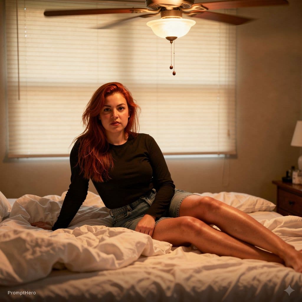 AI generated: A woman with long, tousled red hair cascading in loose waves over her shoulders lies sprawled across...