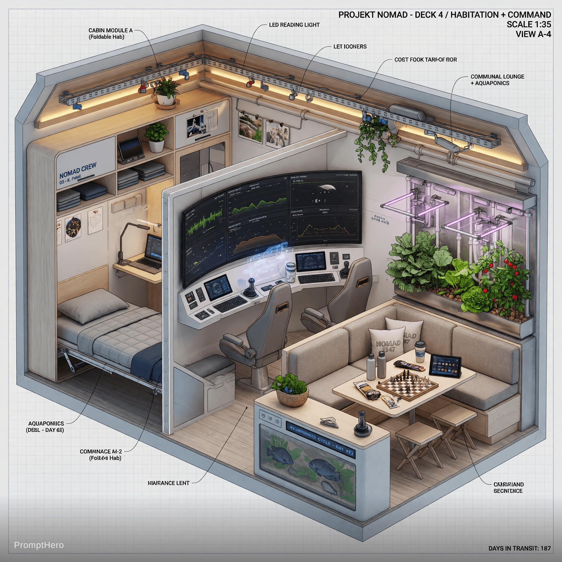 AI generated: Highly detailed technical interior close-up view of Deck 4 habitation and command area on Projekt No...