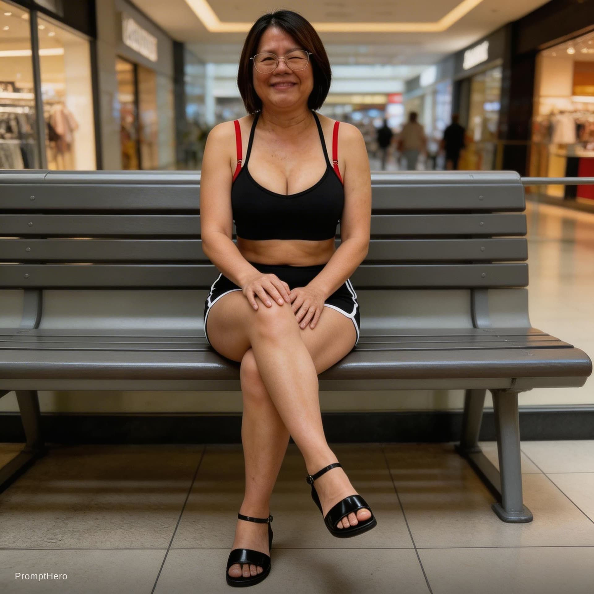 AI generated: she is in a mall bench sitting and her legs are crossed while looking to the camera with a wink. her...