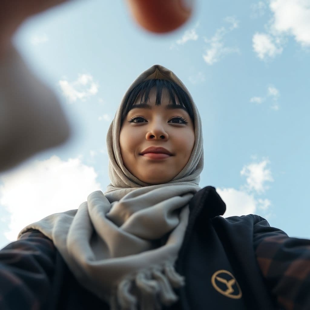 AI generated: The Selfie From botom/low angle Close view, Attractive 27-year-old woman, Skiny head & face, Long ba...