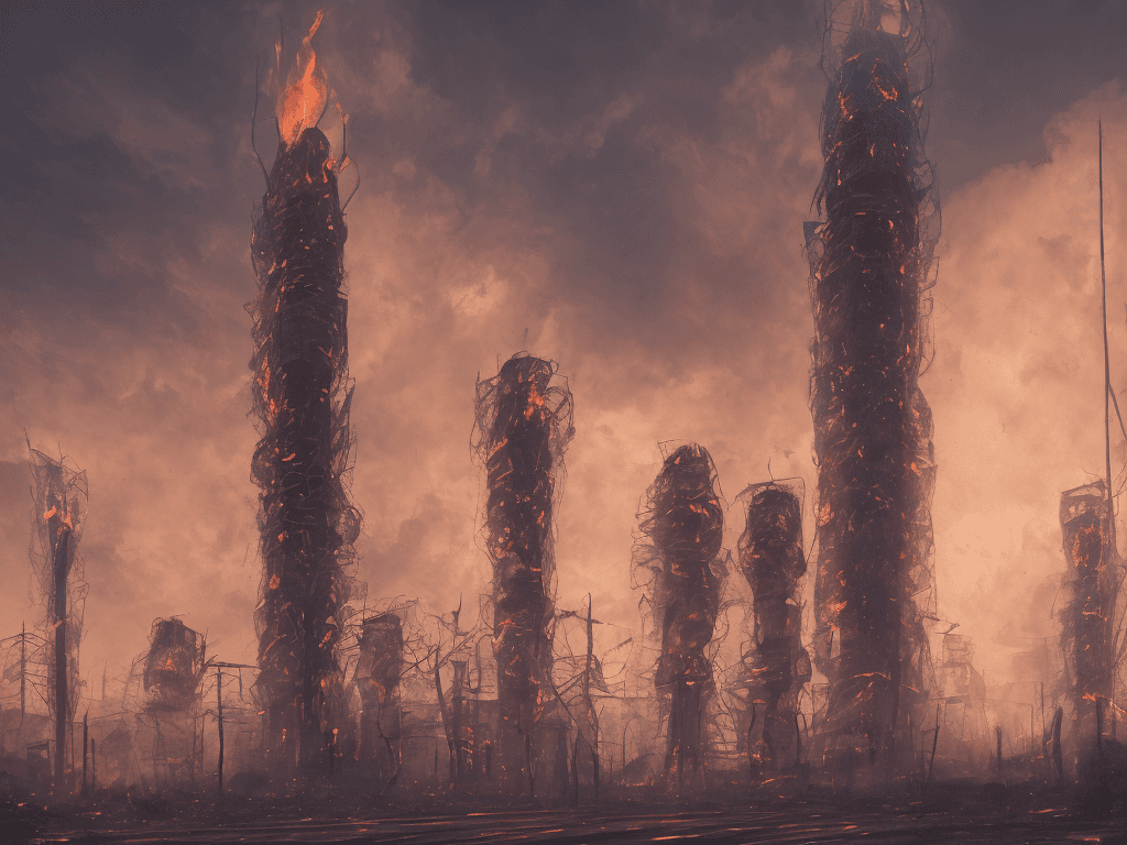 AI generated: city street view with an tall antenna tower in the middle with smoke and fire , Street view, Portait...