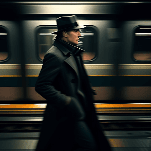 AI generated:  depict a man in a dark coat standing still at a subway platform as a blur of a fast-moving train ru...