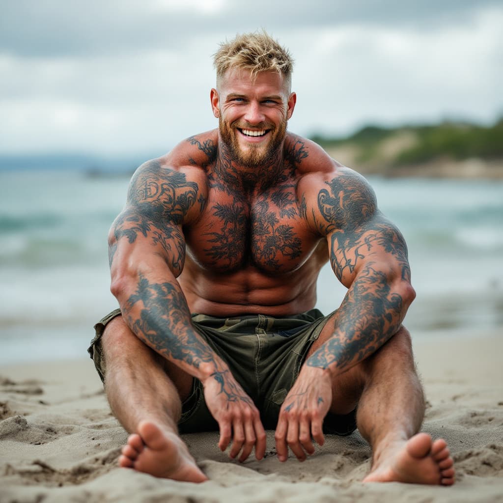 AI generated: Head to toe image, Young irish bodybuilder, lots of tattoos, short blonde hair, blue eyes, camouflag...