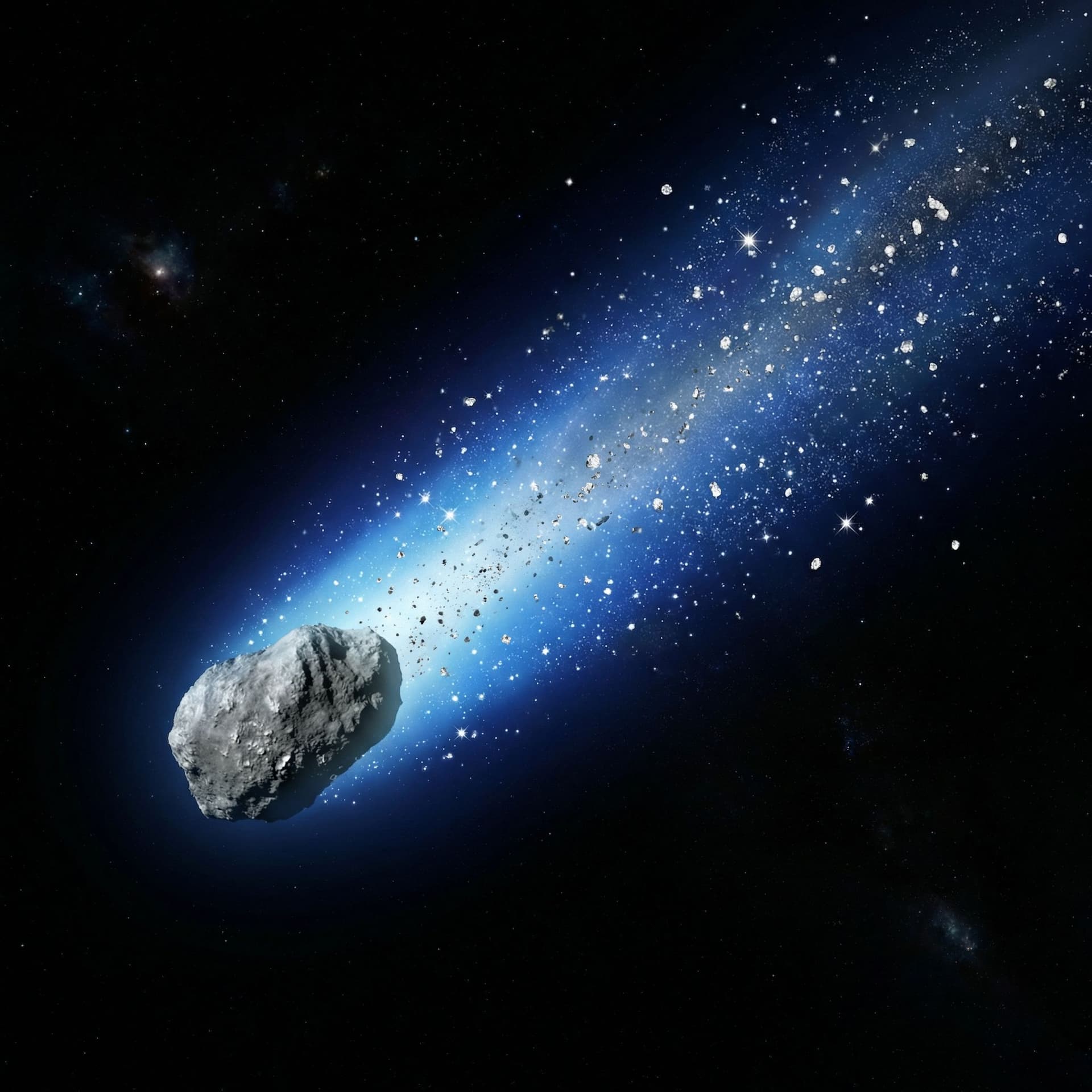 AI generated: a grey comet with a long blue tail with white and grey sparkles sprinkling off of it in the darkness...