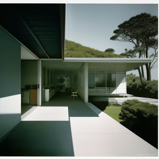 AI generated: Hyper realistic eye level exterior photo of a mid century modern style house overlooking the ocean, ...