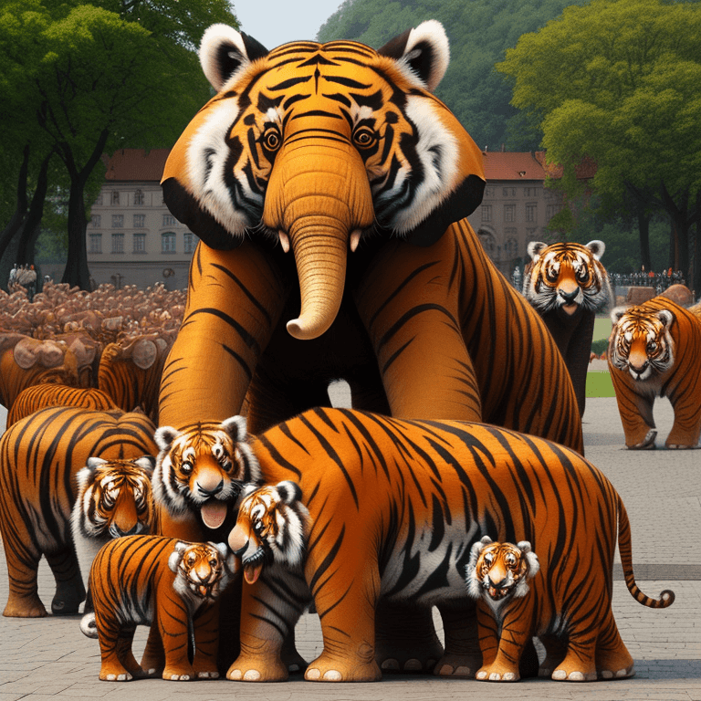 AI generated: Elephant with TIger wirh Red panda posing in group photo in front of Prague Castle