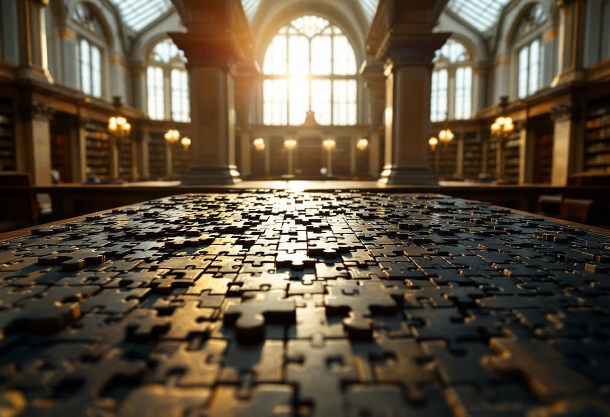 AI generated: A highly detailed cinematic shot capturing a puzzle in progress. The puzzle is from top view, set ag...