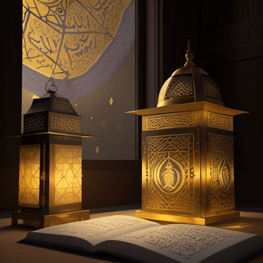 AI generated: Ramadan lantern, the Qur’an (the Holy Qur’an) decorated with golden engravings in front of the lante...