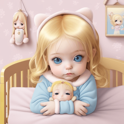 AI generated: "Design cute chibi-style illustration of an enchanting baby girl with sparkling blue eyes and golden...