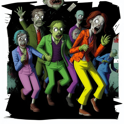AI generated: Create a digital art image of zombies chasing scientists in a cartoonish and humorous style, with a ...
