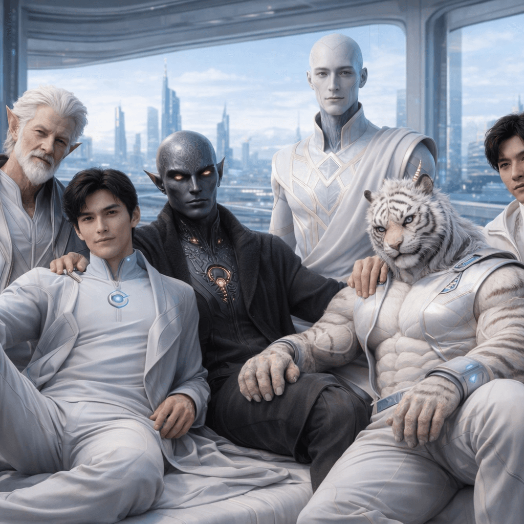 AI generated: Create an image showcasing all-male, all-separate images, posing together. Change background, clothi...